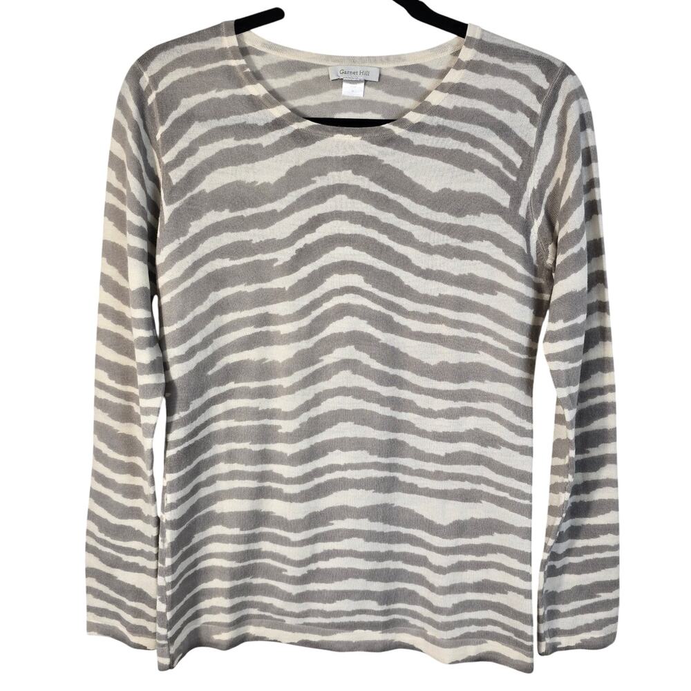 Garnet Hill Sweater Women's S Cream Greige Zebra Stripe Merino Coastal Neutral
